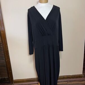 Talbots Womens Black V-Neck Long Sleeve Wrap Midi Dress Size 18 Slinky Sexy